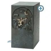 Urne en zinc avec une finition bleue ornée d'un ornement un ange dans le ciel.