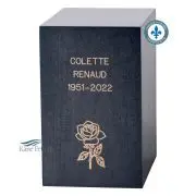 Urne en érable teinte bleu illustrée avec gravure