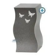 Urne en métal avec trois papillons argentés.