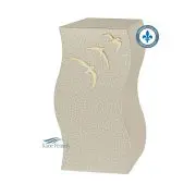 Urne en zinc beige avec une envolée de colombes dorées.