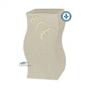 Urne beige avec une envolée de colombes dorées.