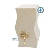 Urne avec une finition beige et ornement d'arbre doré.