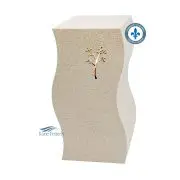 Urne avec une finition beige et ornement d'arbre doré.