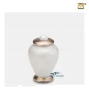 Urne miniature en métal avec une, finition blanche perlée