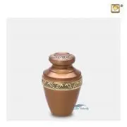 Urne miniature avec bande ornée de motif floraux avec une finition en cuivre et des accents en or brossé.