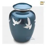 Blue aluminum urn with silver doves