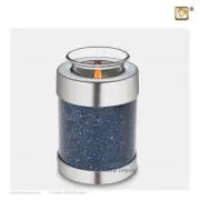 Tealight miniature urn with speckled blue finish and silver bands