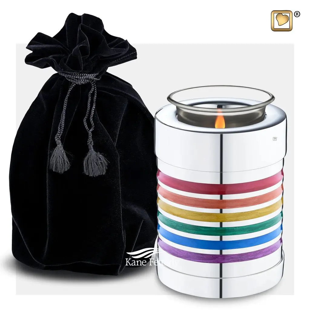 Tealight miniature urn shown with velvet bag