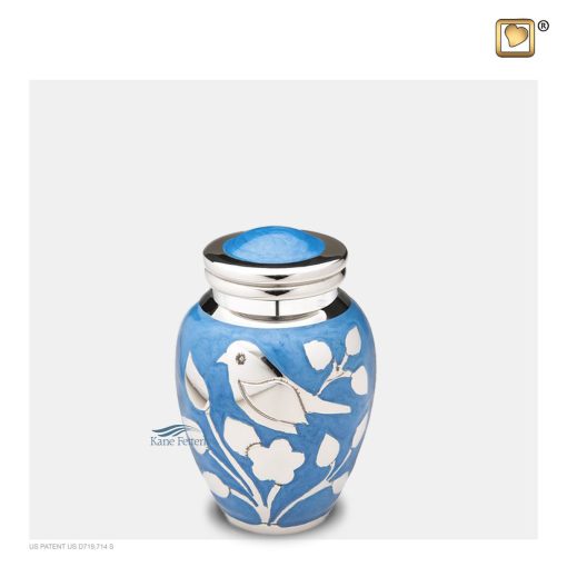 Blue miniature urn with silver bird