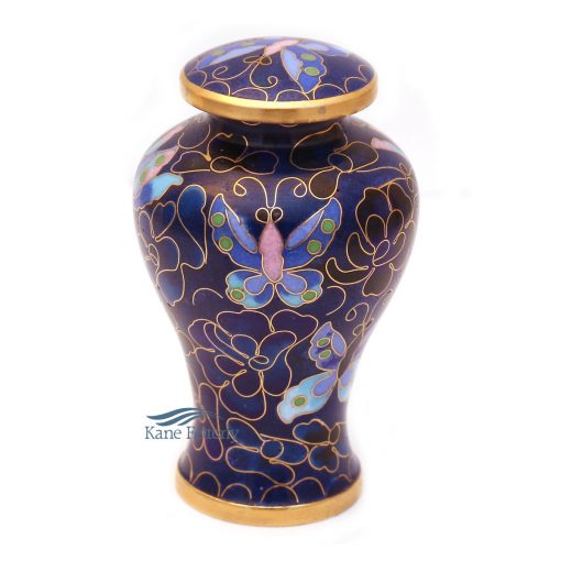 Blue cloisonné miniature urn with butterflies