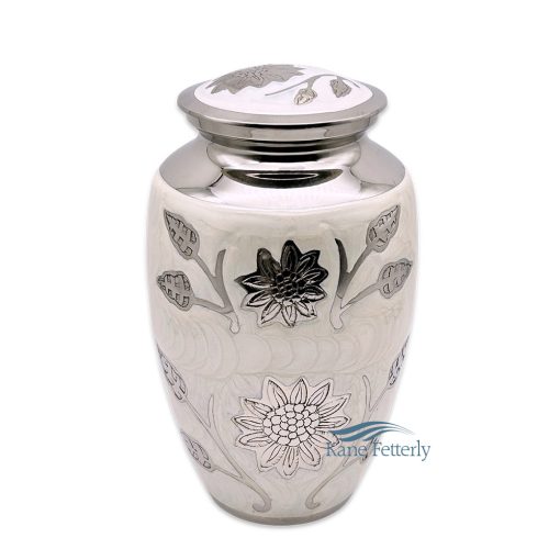 White brass urn with silver sunflowers