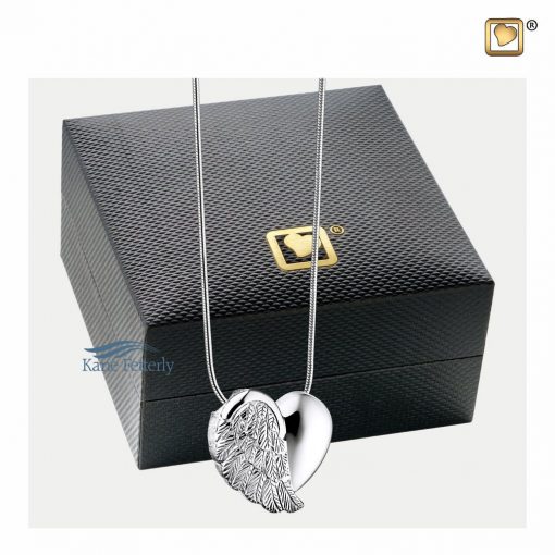 Angel wing cremation pendant shown with jewelry box