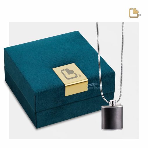 Flask pendant for ashes shown with jewelry box