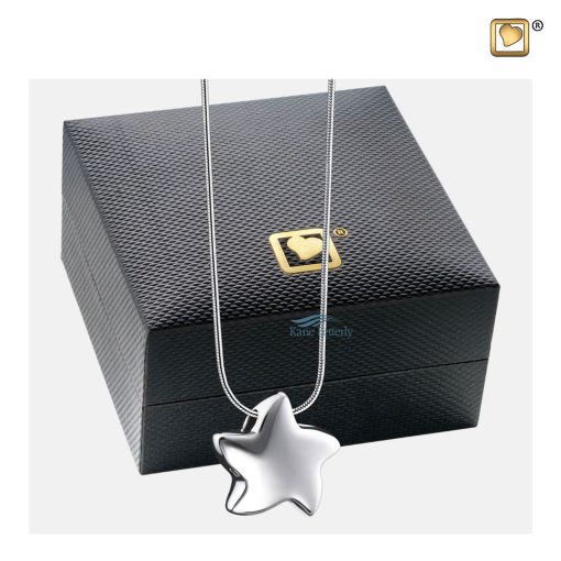 Star pendant for ashes shown with jewelry box