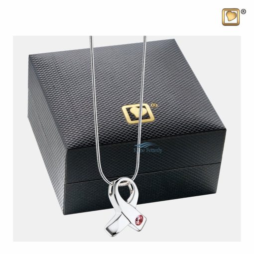 Ribbon pendant for ashes with zirconia shown with jewelry box
