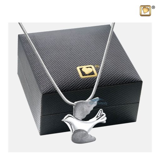 Pendentif pour cendres en forme de colombe illustré avec coffret à bijoux