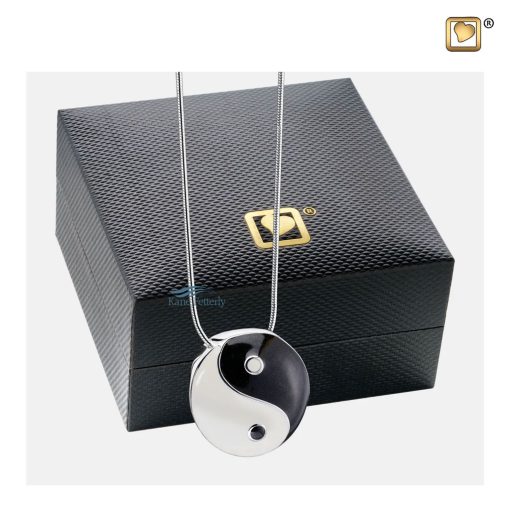 Yin & Yang cremation pendant shown with jewelry box