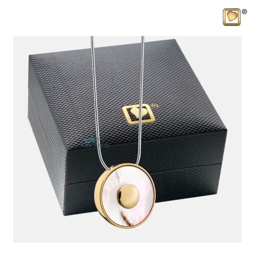 Mother of pearl cremation pendant shown with jewelry box