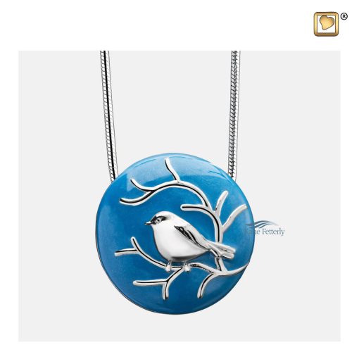 Pendentif cinéraire rond à motif d’oiseau argenté