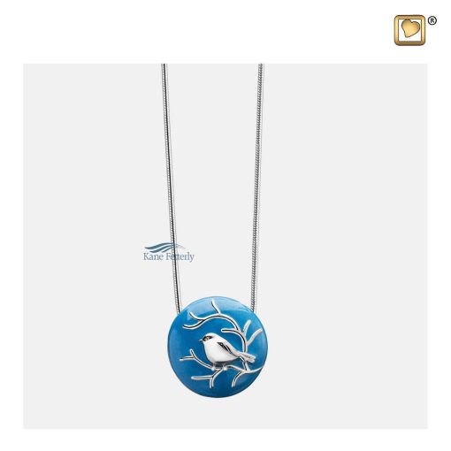 Blue cremation pendant with silver bird