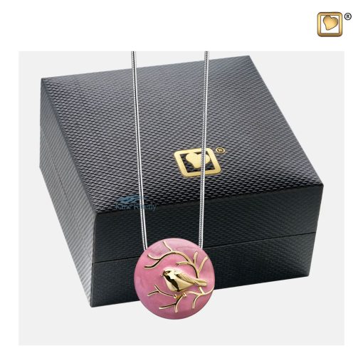 Pendentif cinéraire rond à motif d’oiseau doré illustré avec coffret `bijoux