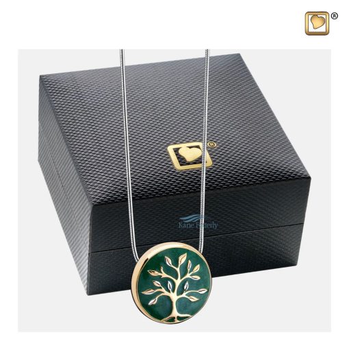 Tree of Life pendant for ashes shown with jewelry box