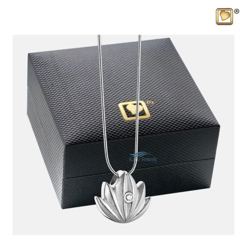 Lotus pendant for ashes with zirconia shown with box