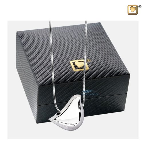 Bird cremation pendant shown with jewelry box