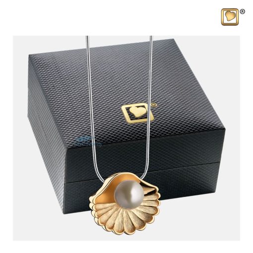 Sea shell pearl pendant for ashes shown with jewelry box