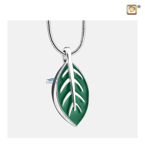 Pendant for ashes with leaf on green enamel