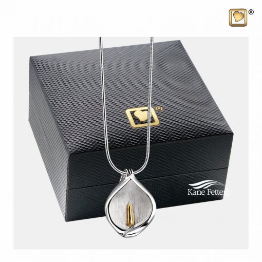 Calla lily cremation pendant shown with box