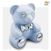 Teddy-bear-shaped medium-sized urn with a crystal featuring a light blue finish and silver polished accents.
