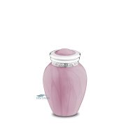 Brass miniature urn with a pink pearl finish and silver polished accents