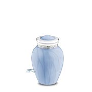 Brass miniature urn with a light-blue pearl finish and silver polished accents