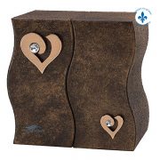 Aluminum double urn featuring hearts decorated with round crystals, brown finish.