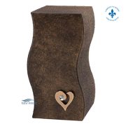 Zinc urn featuring heart and round crystal, brown finish.