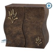 Zinc double urn decorated by two wheat ornaments, brown finish.