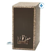 Rectangular zinc cremation urn with black patina bronze front panel and decorative bronze ornament