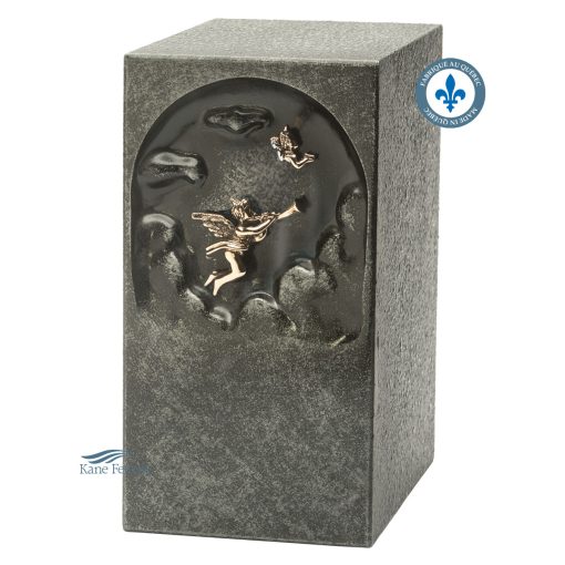 Zinc urn with a grey finish featuring an angel in the sky.