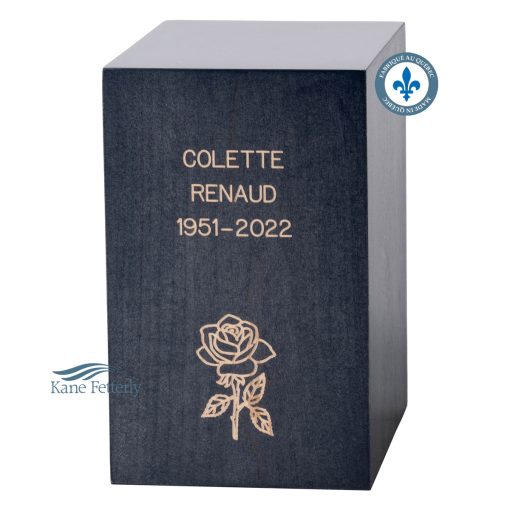Blue stained maple urn shown with engraving