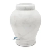 White marble cremation urn with natural stone veining and rounded lid