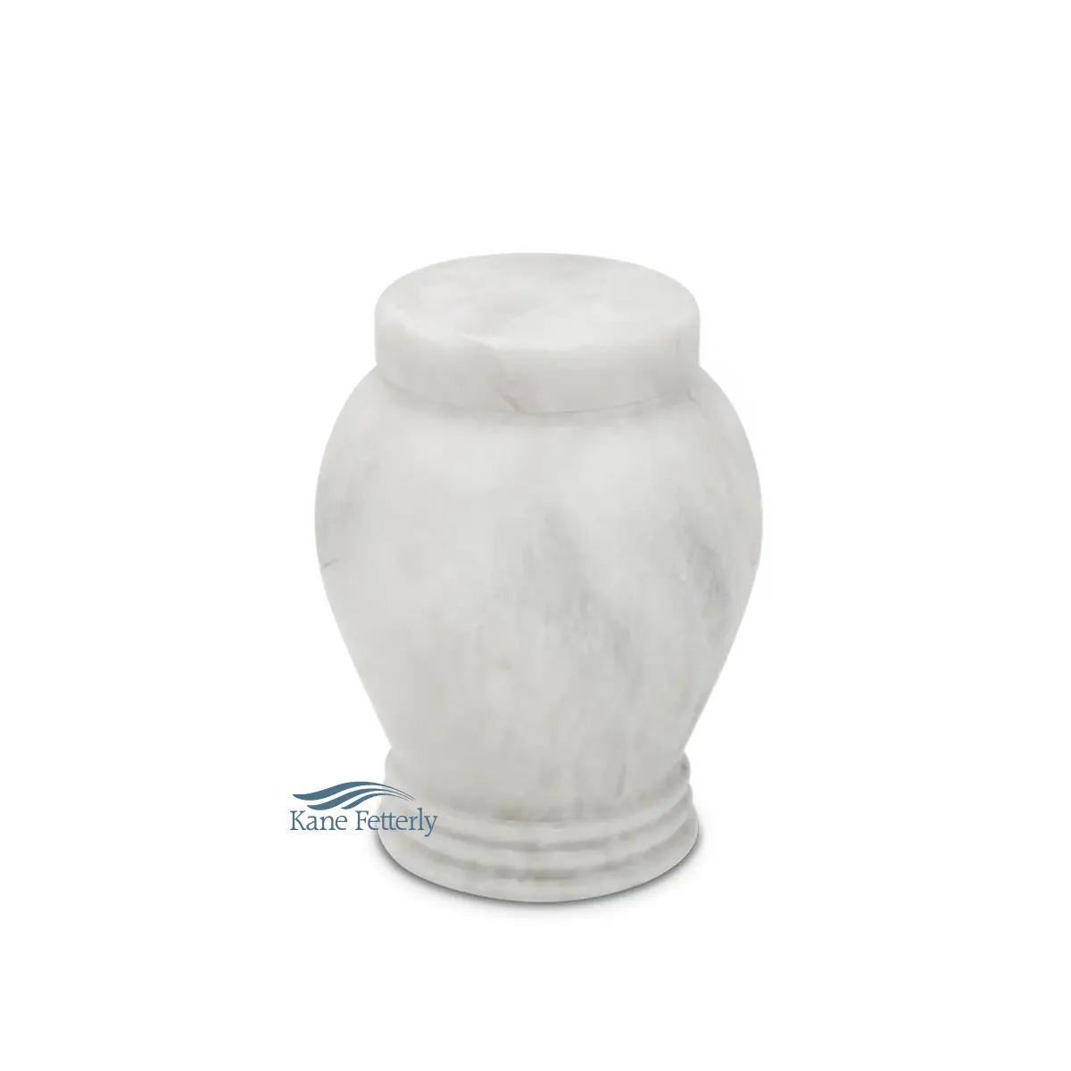White marble small-capacity urn with natural stone veining and rounded lid