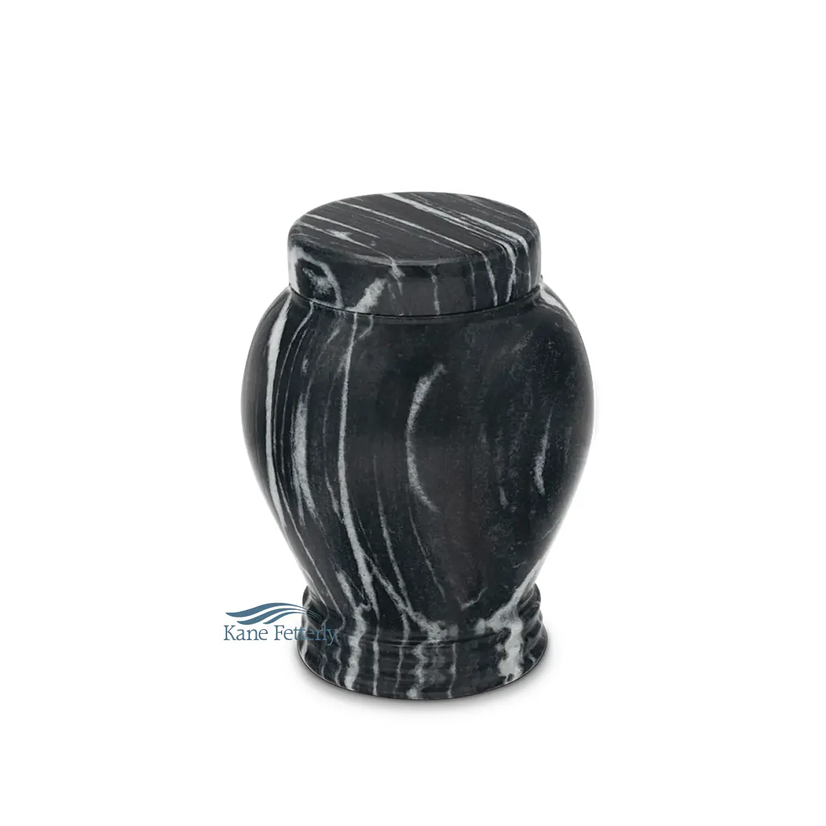 Black marble small-capacity urn with natural white veining and rounded lid