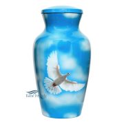 Aluminum urn featuring dove flying among clouds.