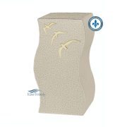 Beige metal urn with flying doves motif