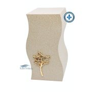 Beige metal urn with gold tree ornament