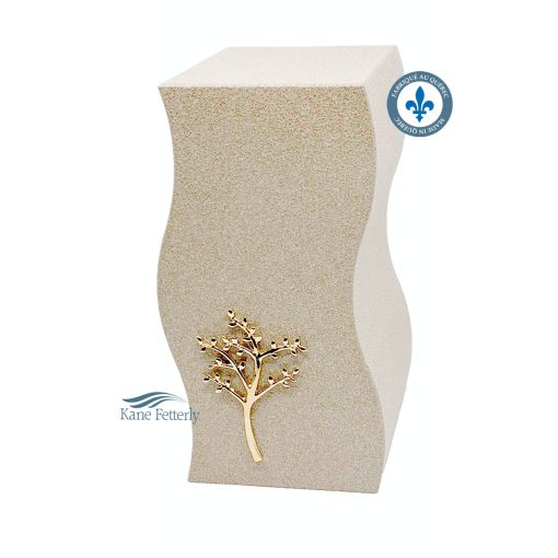 Beige metal urn with gold tree ornament