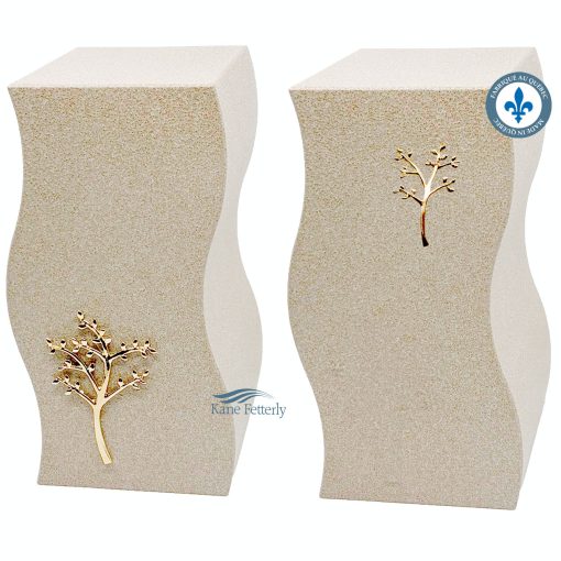 Double urn with beige finish and gold tree ornaments