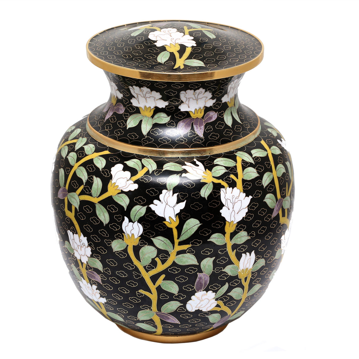 Black Cloisonné Urn with White Floral Motif Kane Fetterly Cremation Urns