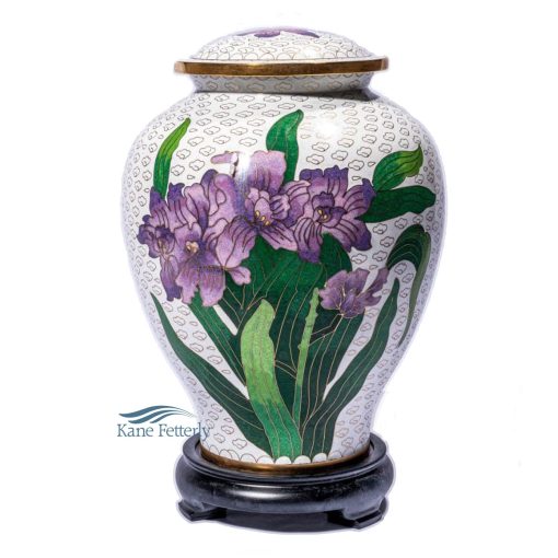 Urne en métal cloisonné blanc à motifs d'iris violets